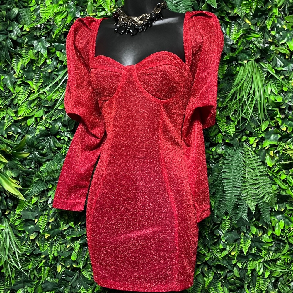 Puff Sleeve Dress XS Red Metallic Glitter Bodycon Mini Sweetheart Neckline‎ 3966